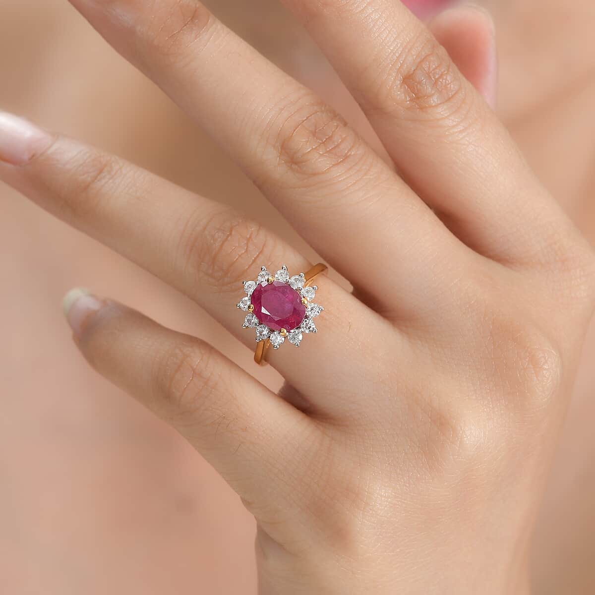 African Ruby (FF) and White Zircon Ring in Vermeil Yellow Gold Over Sterling Silver (Size 8.0) 3.80 ctw image number 2