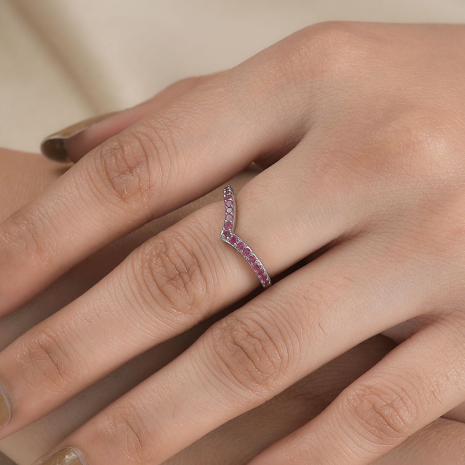 Niassa Ruby (FF) Wishbone Ring in Platinum Over Sterling Silver (Size 6.0) 0.40 ctw