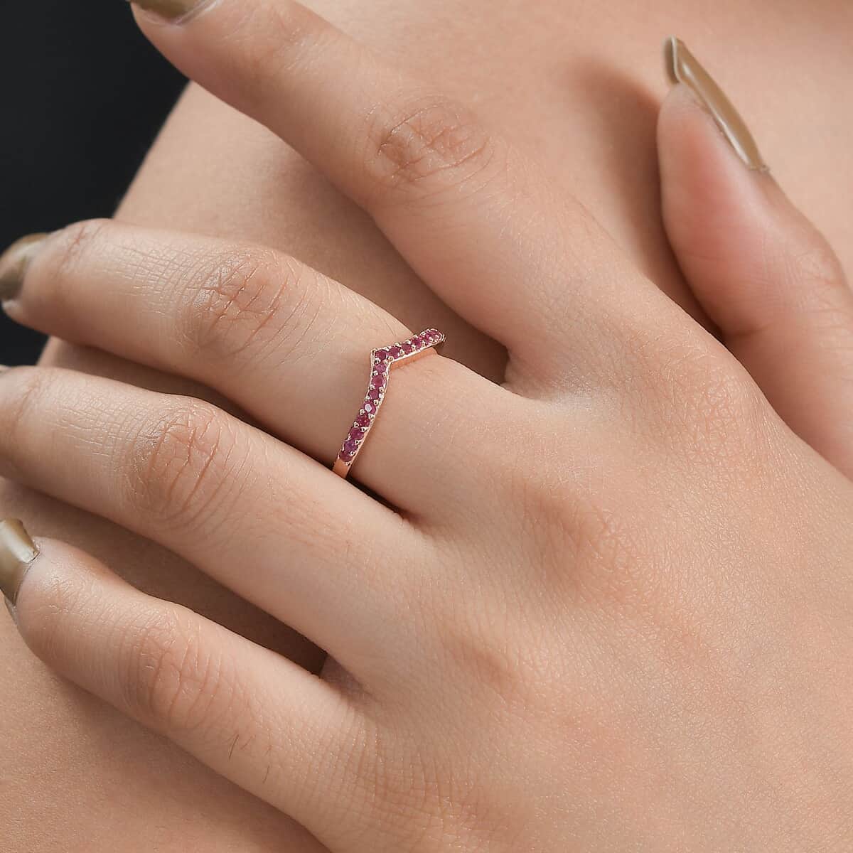 Niassa Ruby (FF) Wishbone Ring in Vermeil Rose Gold Over Sterling Silver (Size 9.0) 0.40 ctw image number 2