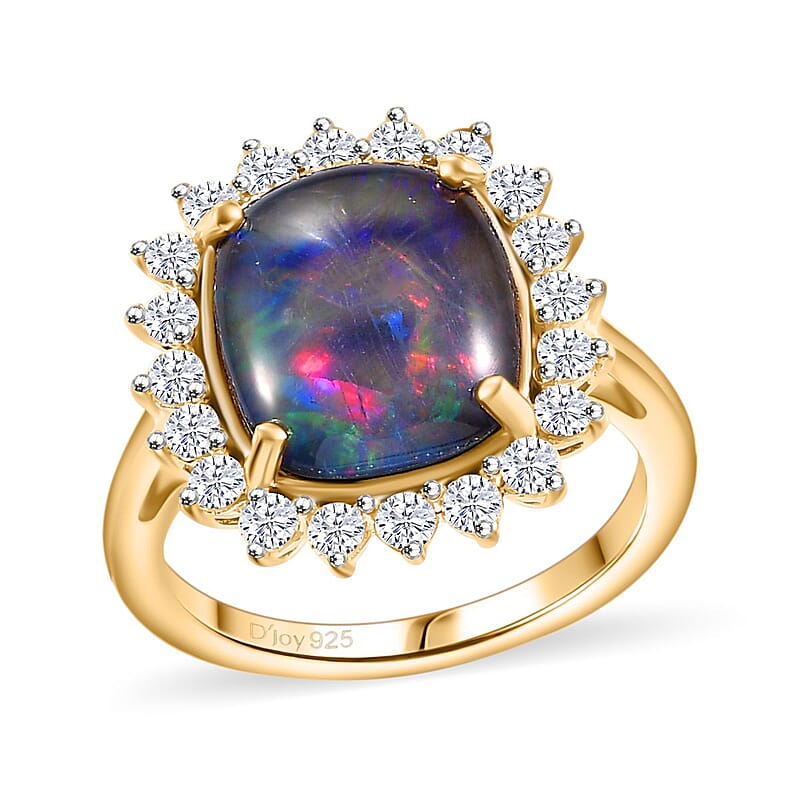 Boulder Opal Triplet and White Zircon 5.40 ctw Ring in Vermeil Yellow Gold Over Sterling Silver (Size 6.0)