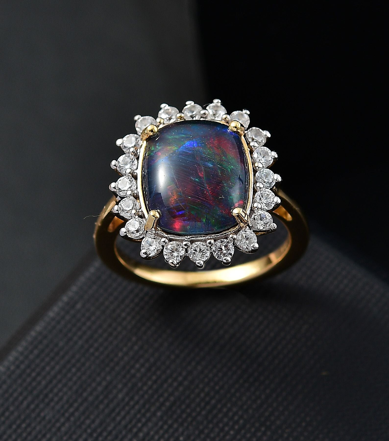 Boulder Opal Triplet and White Zircon 5.40 ctw Ring in Vermeil Yellow Gold Over Sterling Silver (Size 6.0)