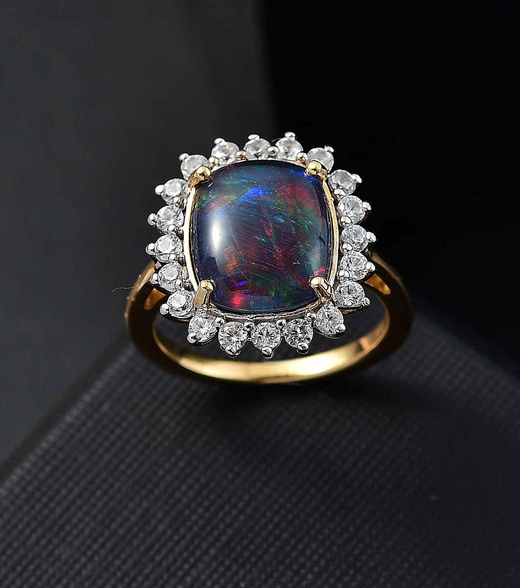 Boulder Opal Triplet, White Zircon Ring in Vermeil YG Over Sterling Silver (Size 6.0) 5.40 ctw image number 1