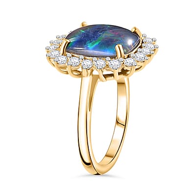 Boulder Opal Triplet and White Zircon 5.40 ctw Ring in Vermeil Yellow Gold Over Sterling Silver (Size 6.0)