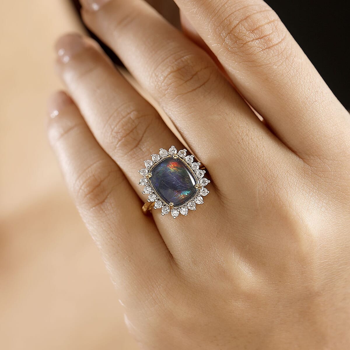 Boulder Opal Triplet and White Zircon 5.40 ctw Ring in Vermeil Yellow Gold Over Sterling Silver (Size 8.0) image number 2