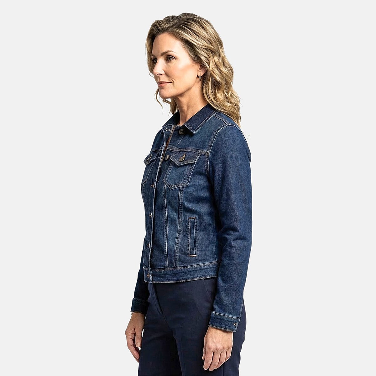 Blue Dark Wash Stylish Denim Jacket - S image number 3