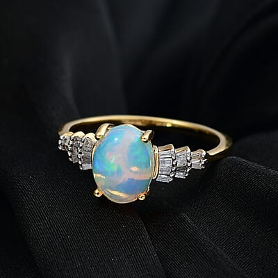 D'Joy Ethiopian Welo Opal, Diamond 1.35 ctw Ring in 18K Vermeil Yellow Gold Over Sterling Silver (Size 6.0) 