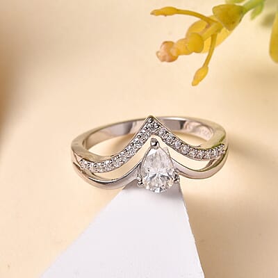 Moissanite Ring in Platinum Over Sterling Silver (Size 6.0) 0.50 ctw