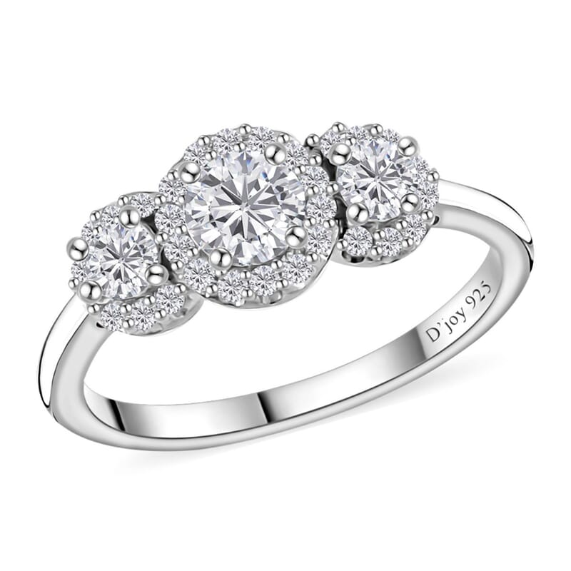 Moissanite Trilogy Halo Ring in Platinum Over Sterling Silver (Size 6.0) 0.70 ctw