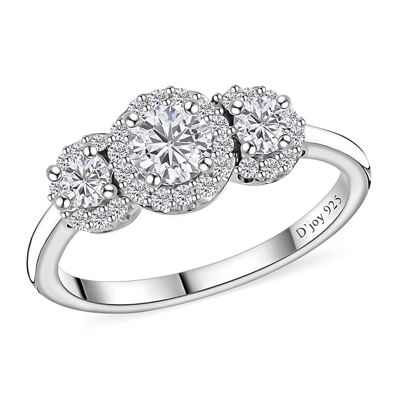 Moissanite Trilogy Halo Ring in Platinum Over Sterling Silver (Size 6.0) 0.70 ctw