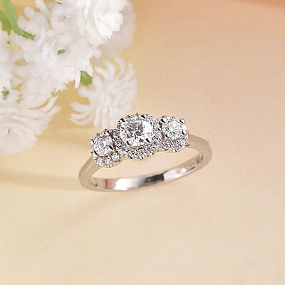 Moissanite Trilogy Halo Ring in Platinum Over Sterling Silver (Size 6.0) 0.70 ctw