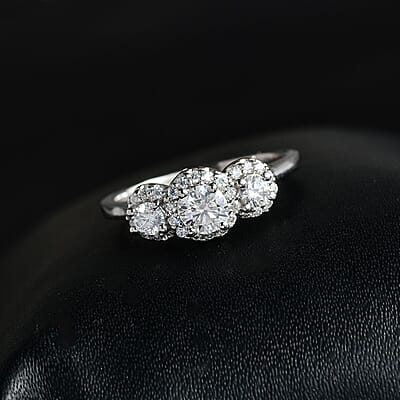 Moissanite Trilogy Halo Ring in Platinum Over Sterling Silver (Size 6.0) 0.70 ctw