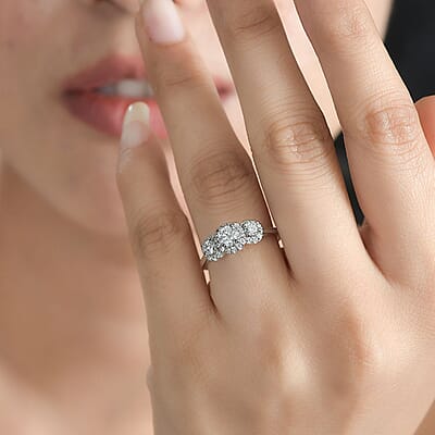 Moissanite Trilogy Halo Ring in Platinum Over Sterling Silver (Size 6.0) 0.70 ctw