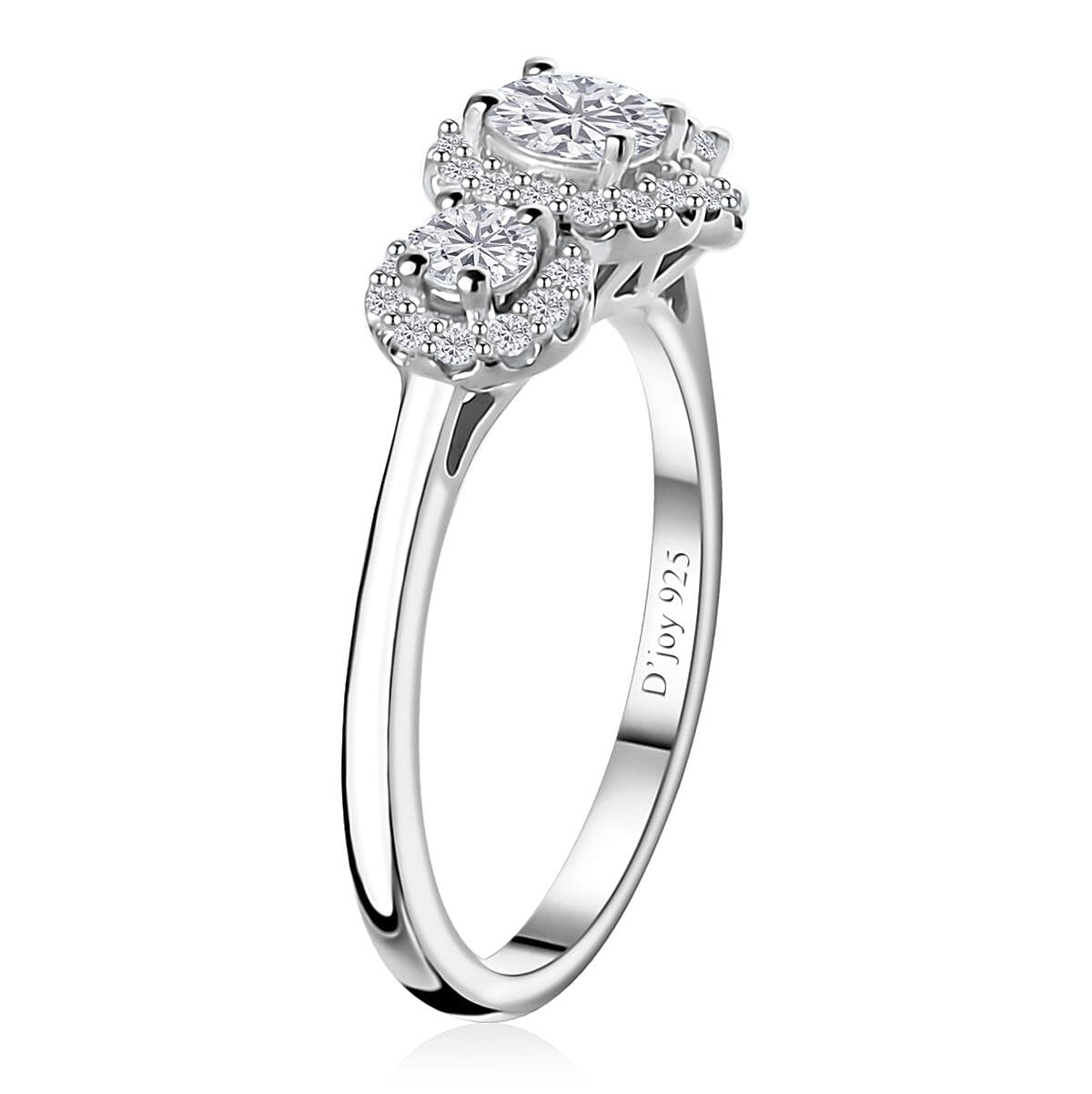 Moissanite Trilogy Halo Ring in Platinum Over Sterling Silver (Size 6.0) 0.70 ctw