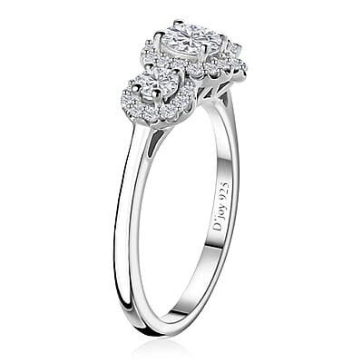 Moissanite Trilogy Halo Ring in Platinum Over Sterling Silver (Size 6.0) 0.70 ctw