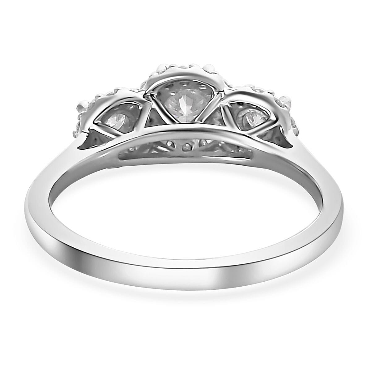 Moissanite Trilogy Halo Ring in Platinum Over Sterling Silver (Size 6.0) 0.70 ctw