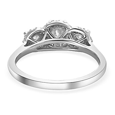 Moissanite Trilogy Halo Ring in Platinum Over Sterling Silver (Size 6.0) 0.70 ctw