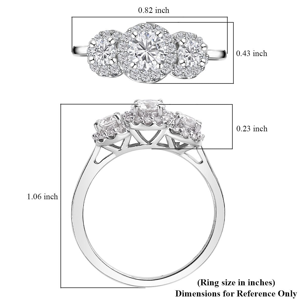 Moissanite Trilogy Halo Ring in Platinum Over Sterling Silver (Size 6.0) 0.70 ctw