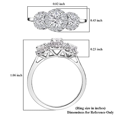 Moissanite Trilogy Halo Ring in Platinum Over Sterling Silver (Size 6.0) 0.70 ctw