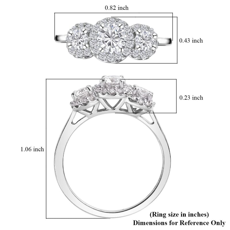 Moissanite Trilogy Halo Ring in Platinum Over Sterling Silver (Size 6.0) 0.70 ctw