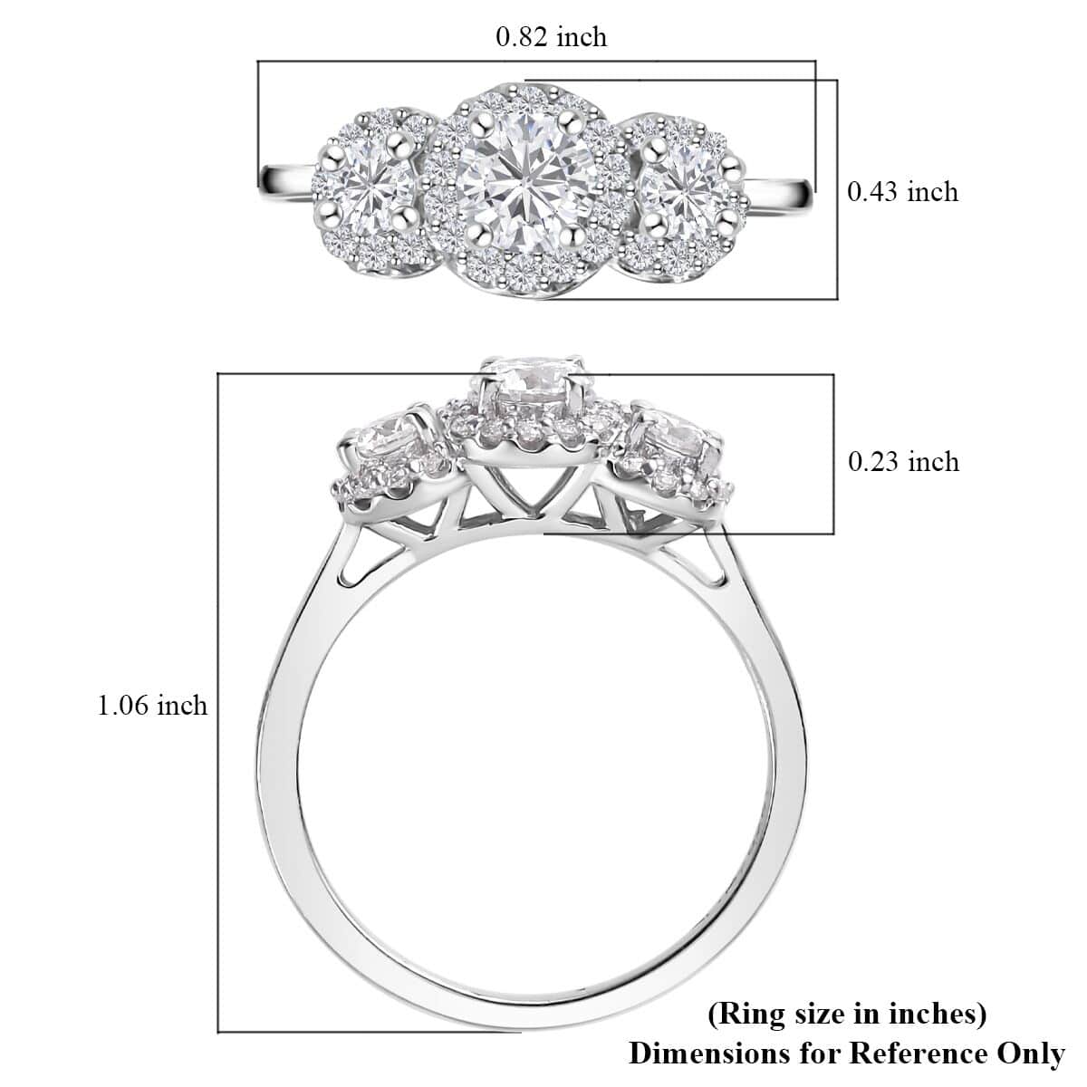 Moissanite Trilogy Halo Ring in Platinum Over Sterling Silver (Size 7.0) 0.70 ctw image number 6