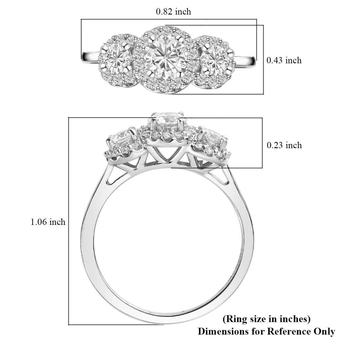 Moissanite Trilogy Halo Ring in Platinum Over Sterling Silver (Size 8.0) 0.70 ctw image number 6