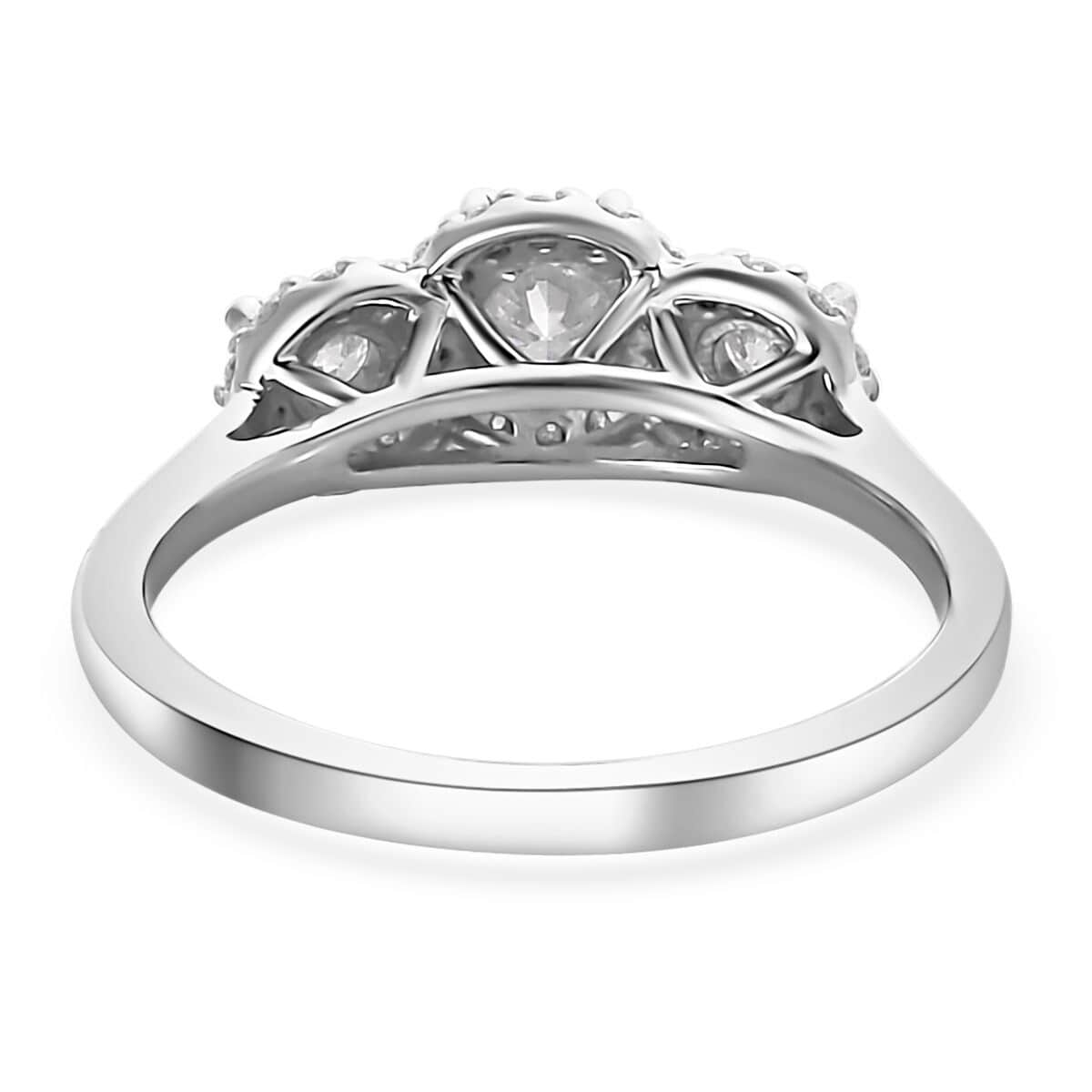 Moissanite Trilogy Halo Ring in Platinum Over Sterling Silver (Size 9) 0.70 ctw image number 5