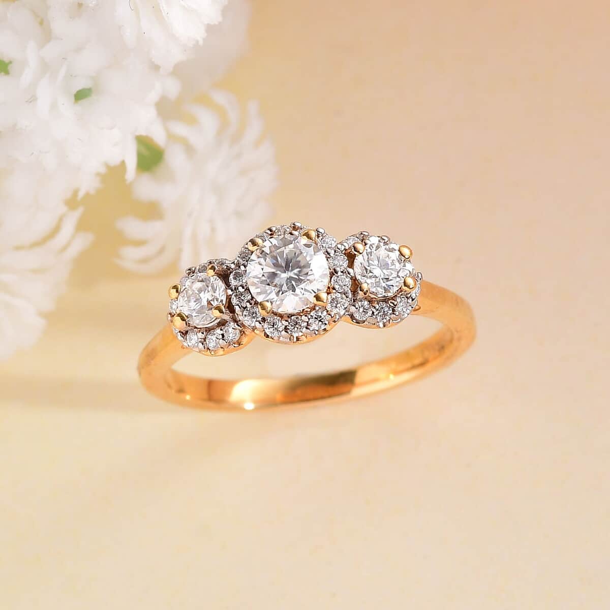 Moissanite Trilogy Halo Ring in Vermeil Yellow Gold Over Sterling Silver (Size 6.0) 0.70 ctw image number 1