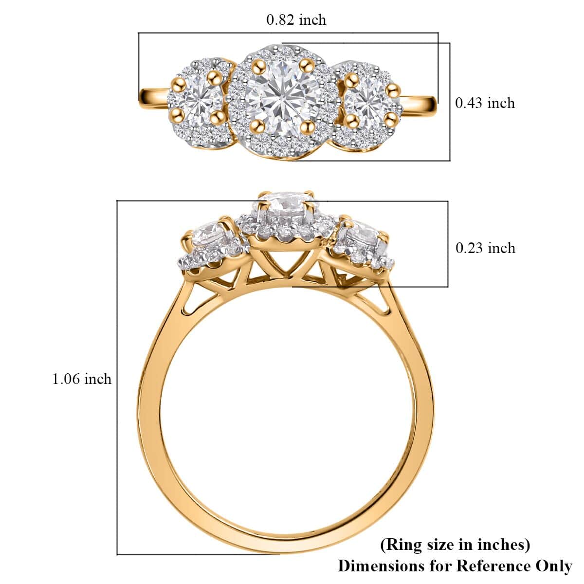 Moissanite Trilogy Halo Ring in Vermeil Yellow Gold Over Sterling Silver (Size 6.0) 0.70 ctw image number 6