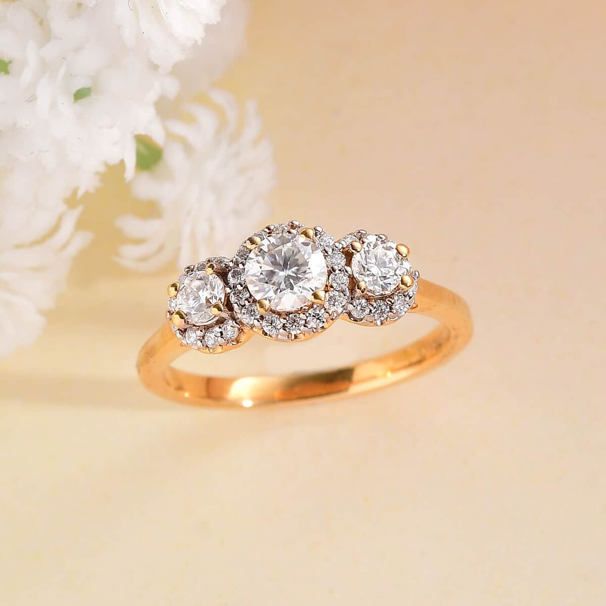 Moissanite Trilogy Halo Ring in Vermeil Yellow Gold Over Sterling Silver (Size 8.0) 0.70 ctw image number 1