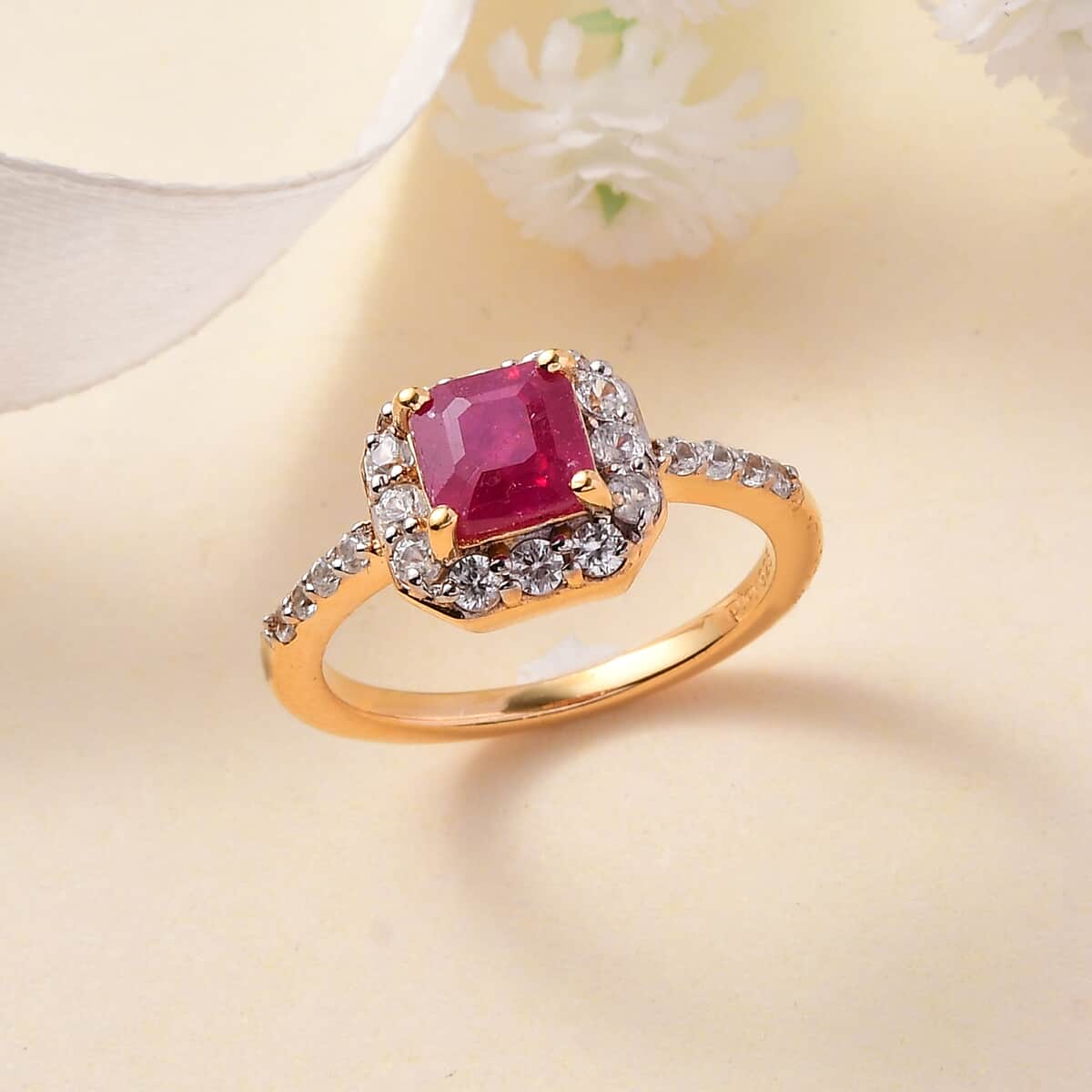 Niassa Ruby (FF) and White Zircon Ring in Vermeil Yellow Gold Over Sterling Silver (Size 6.0) 2.30 ctw image number 1