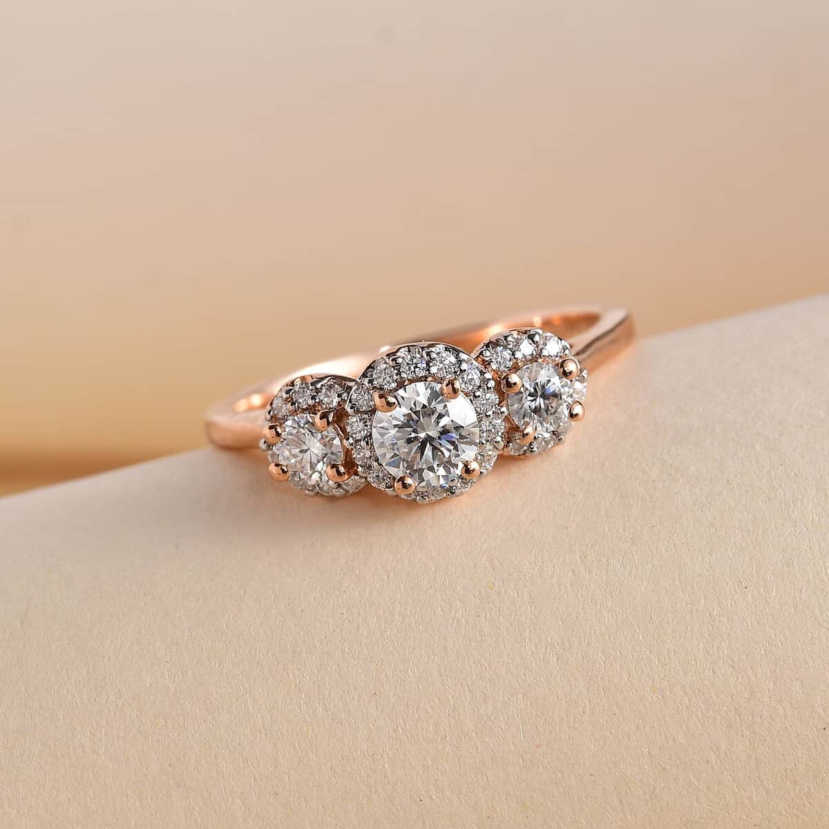 Moissanite Trilogy Halo Ring in Vermeil Rose Gold Over Sterling Silver (Size 6.0) 0.70 ctw image number 1