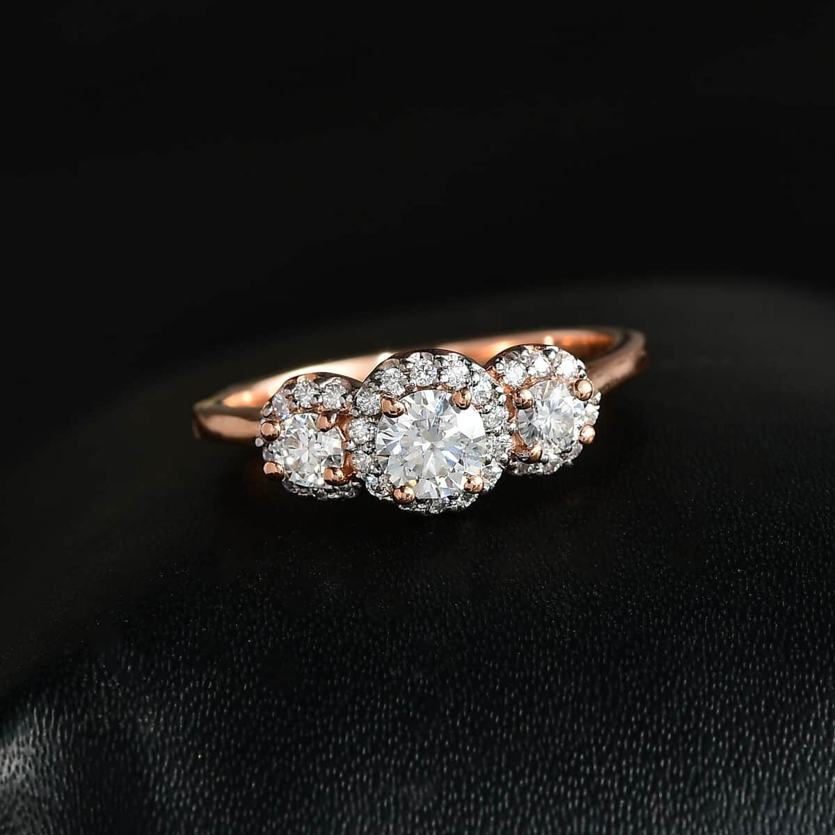 Moissanite Trilogy Halo Ring in Vermeil Rose Gold Over Sterling Silver (Size 6.0) 0.70 ctw image number 2