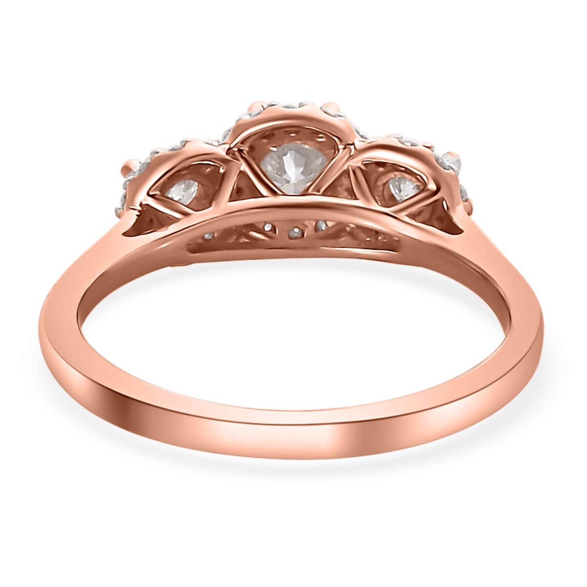 Moissanite Trilogy Halo Ring in Vermeil Rose Gold Over Sterling Silver (Size 6.0) 0.70 ctw image number 5