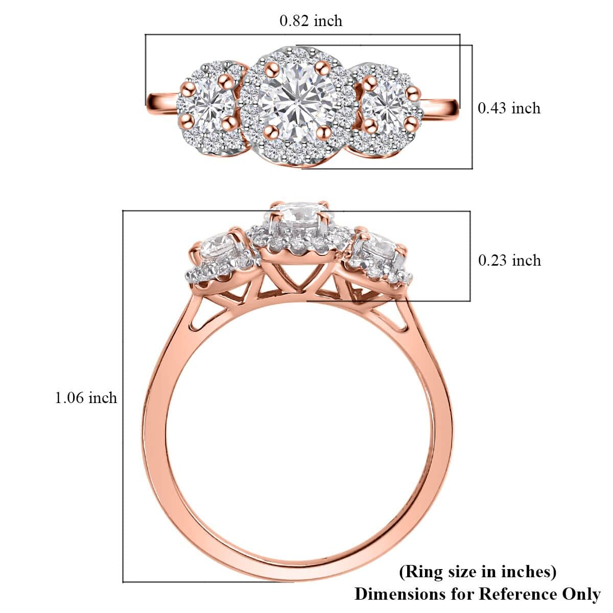 Moissanite Trilogy Halo Ring in Vermeil Rose Gold Over Sterling Silver (Size 6.0) 0.70 ctw image number 6