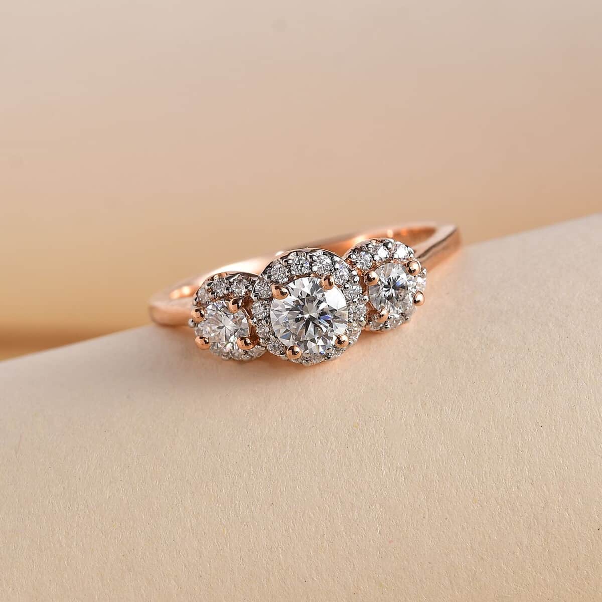 Moissanite Trilogy Halo Ring in Vermeil Rose Gold Over Sterling Silver (Size 7.0) 0.70 ctw image number 1