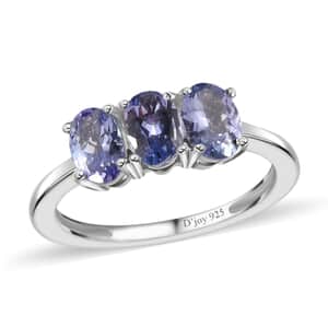 Tanzanite 3 Stone Ring in Platinum Over Sterling Silver (Size 5.0) 1.25 ctw
