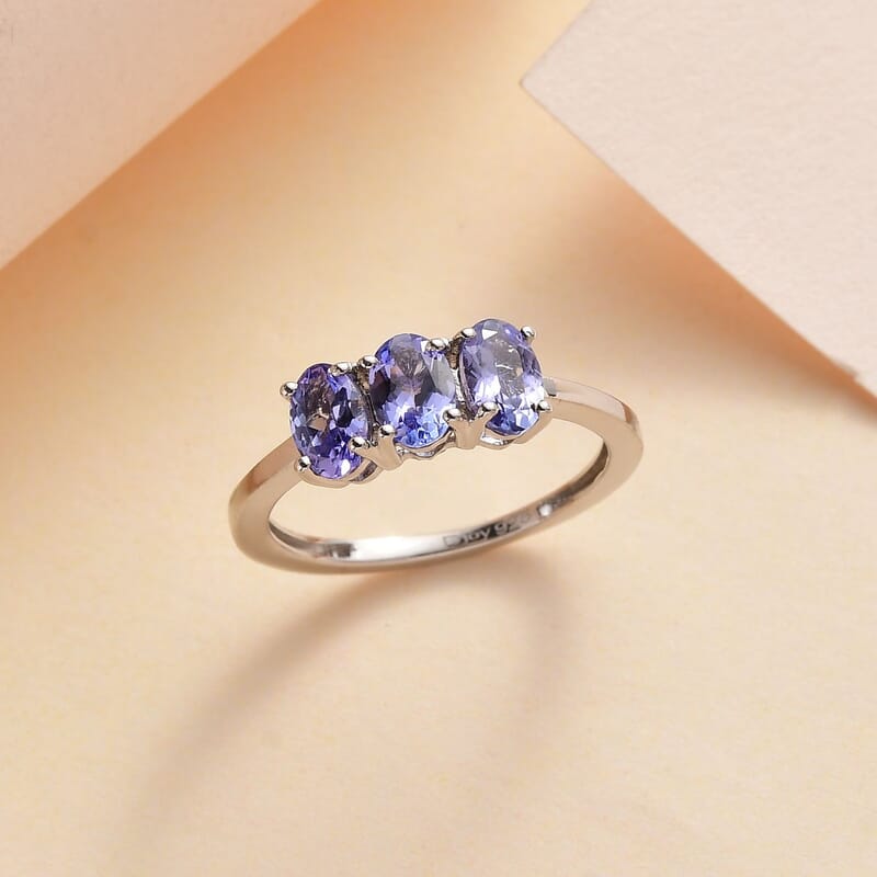Tanzanite 3 Stone Ring in Platinum Over Sterling Silver (Size 5.0) 1.25 ctw