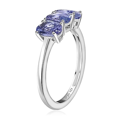 Tanzanite 3 Stone Ring in Platinum Over Sterling Silver (Size 5.0) 1.25 ctw