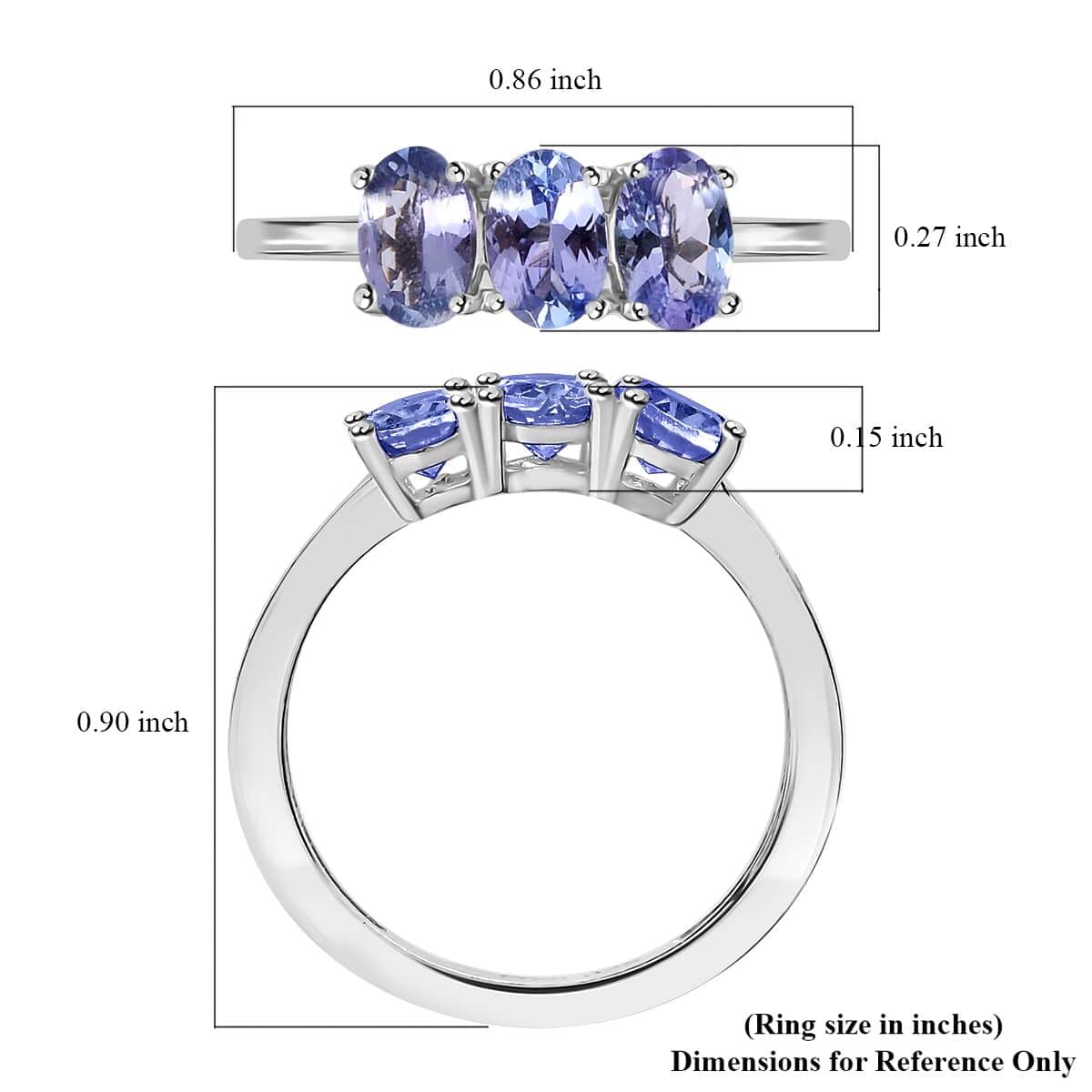 Tanzanite 3 Stone Ring in Platinum Over Sterling Silver (Size 5.0) 1.25 ctw image number 5