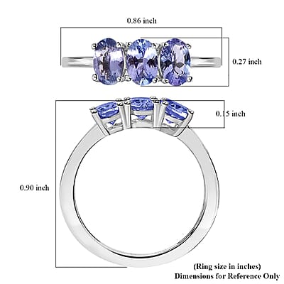 Tanzanite 3 Stone Ring in Platinum Over Sterling Silver (Size 5.0) 1.25 ctw