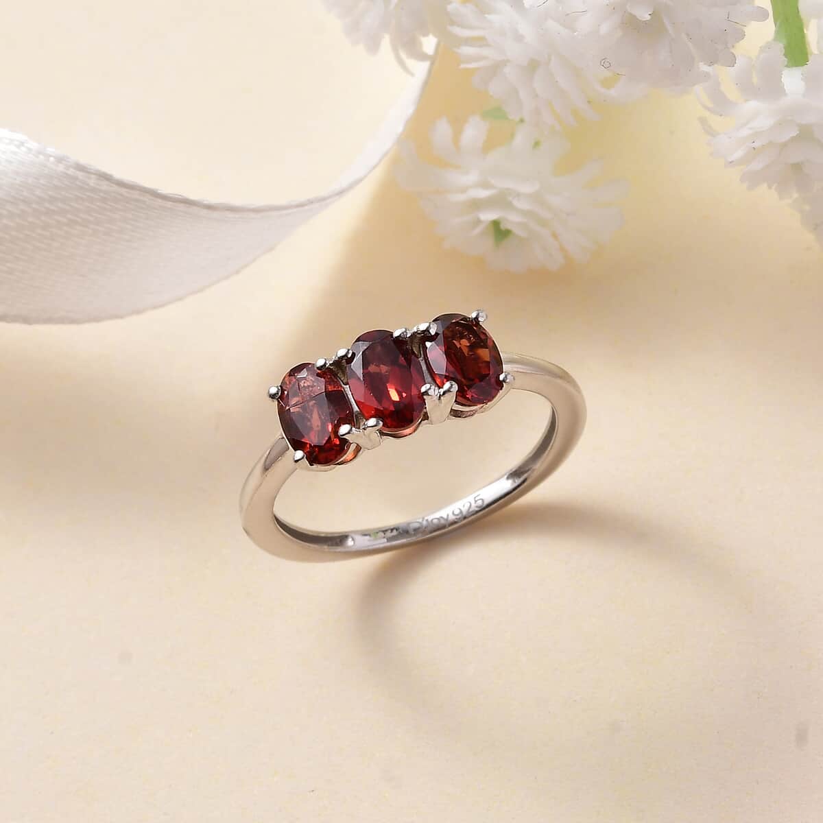 Mozambique Garnet 3 Stone Ring in Platinum Over Sterling Silver (Size 5) 1.70 ctw image number 2