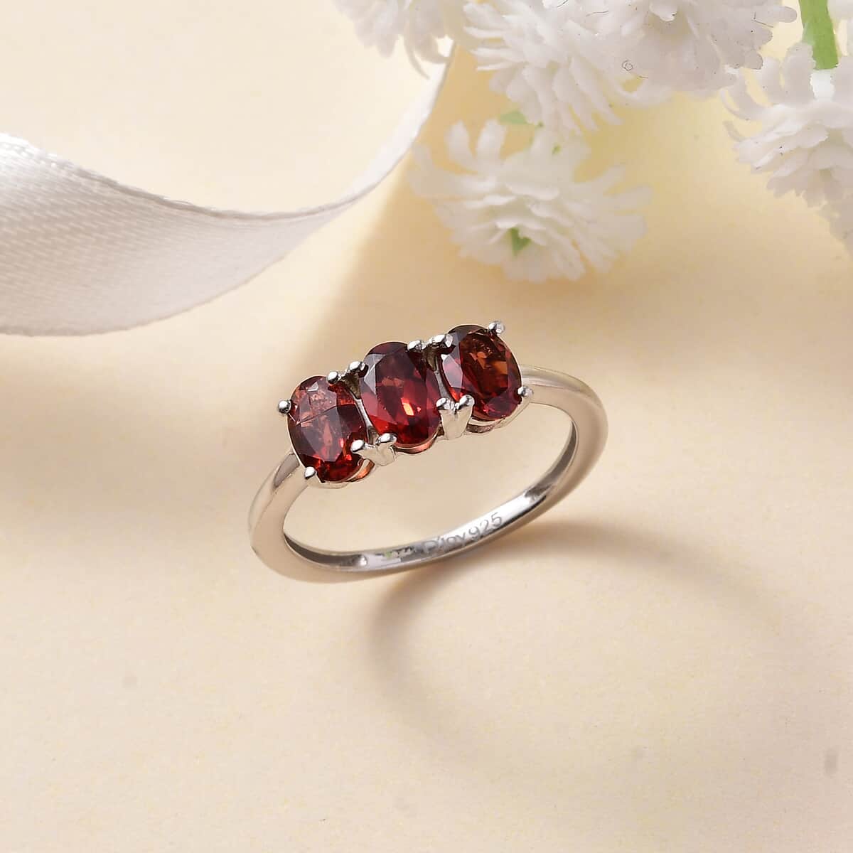 Mozambique Garnet 3 Stone Ring in Platinum Over Sterling Silver (Size 6.0) 1.70 ctw image number 2