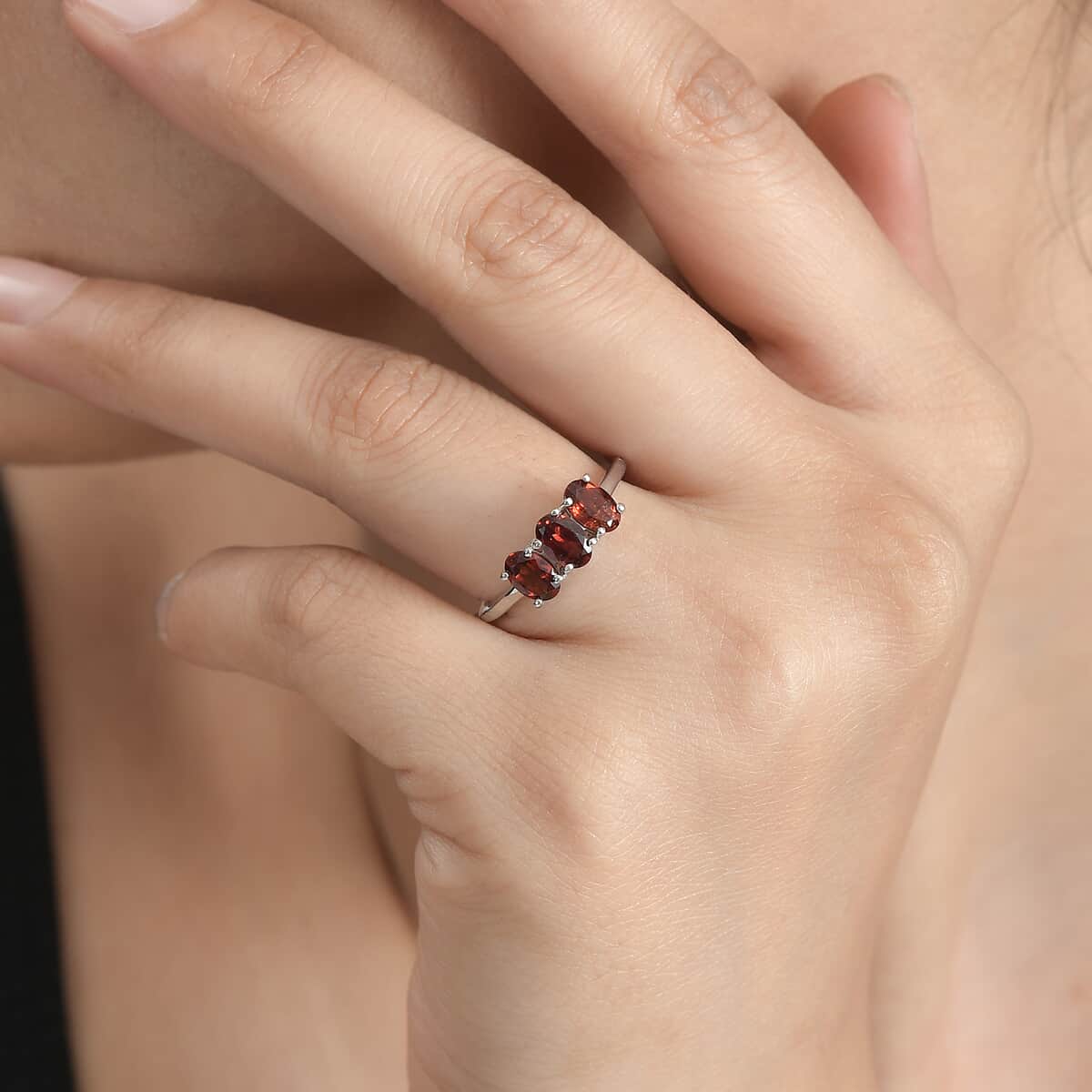 Mozambique Garnet 3 Stone Ring in Platinum Over Sterling Silver (Size 7.0) 1.70 ctw image number 1