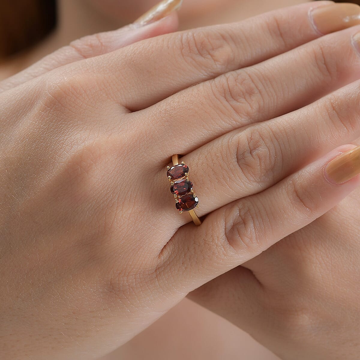 Mozambique Garnet 3 Stone Ring in Vermeil Yellow Gold Over Sterling Silver (Size 8.0) 1.70 ctw image number 2