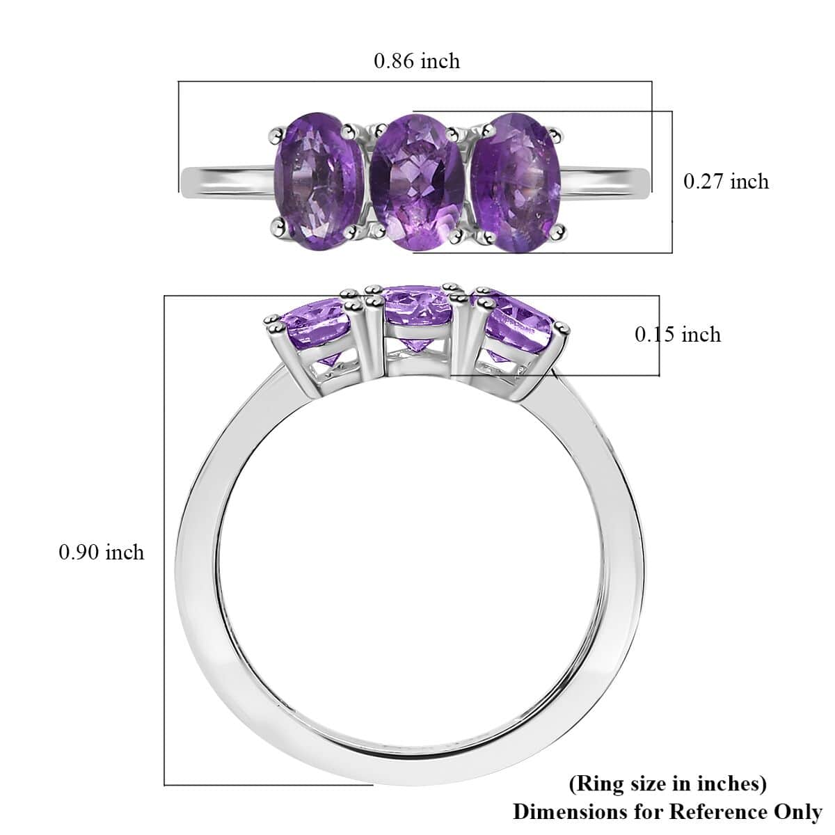 African Amethyst 3 Stone Ring in Platinum Over Sterling Silver (Size 6.0) 1.20 ctw image number 5