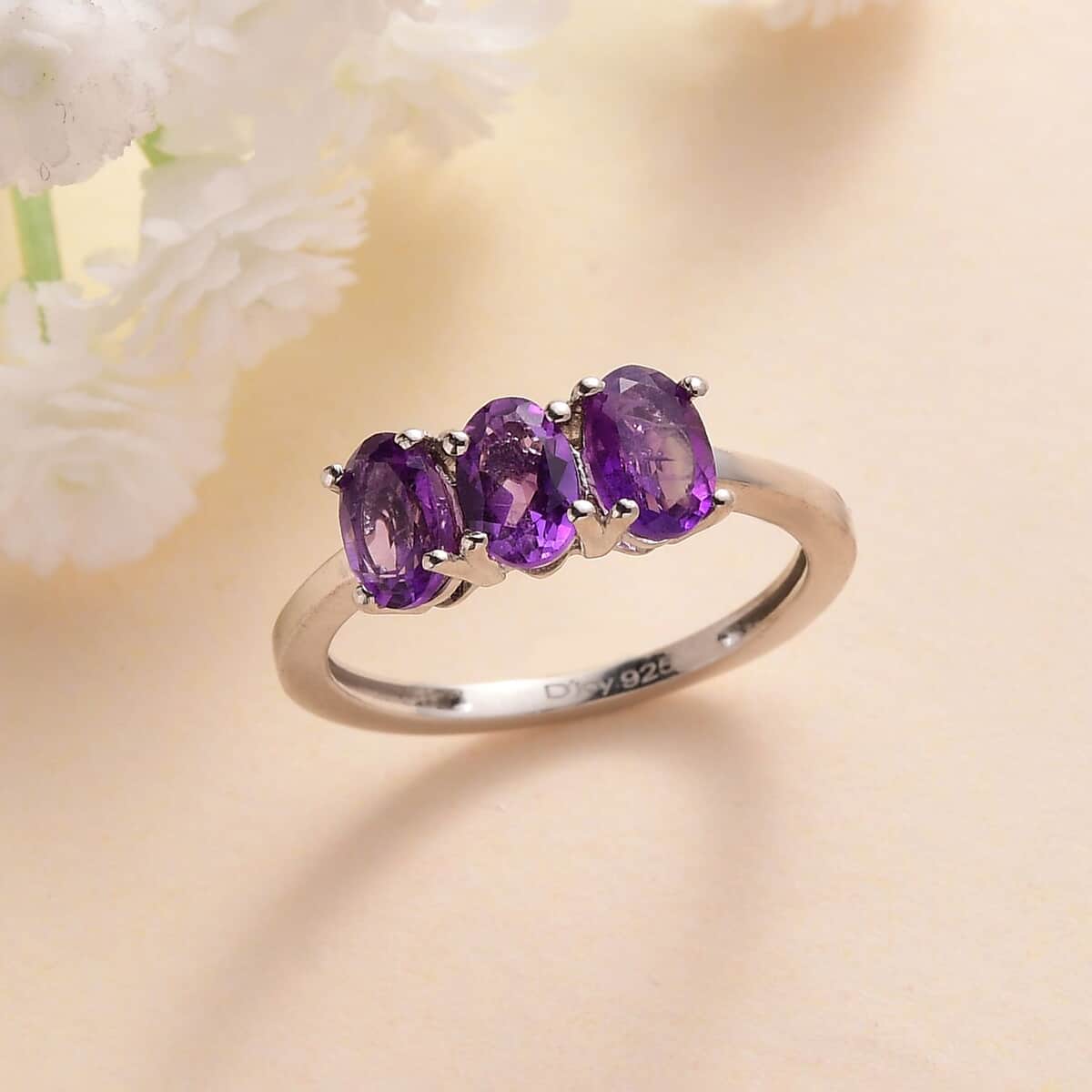 African Amethyst 3 Stone Ring in Platinum Over Sterling Silver (Size 9.0) 1.20 ctw image number 1