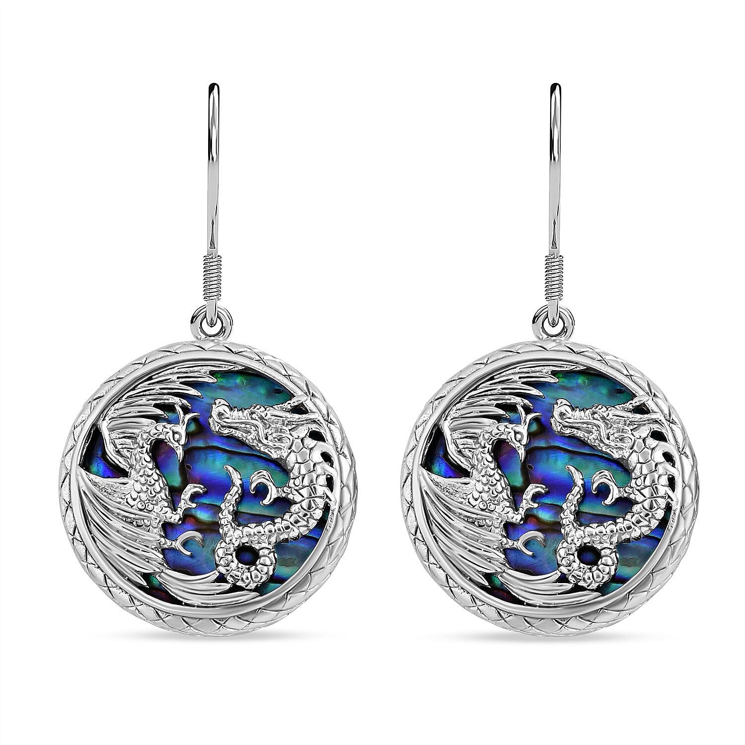 Abalone Shell Dragon with Phoenix Earrings in Sterling Silver