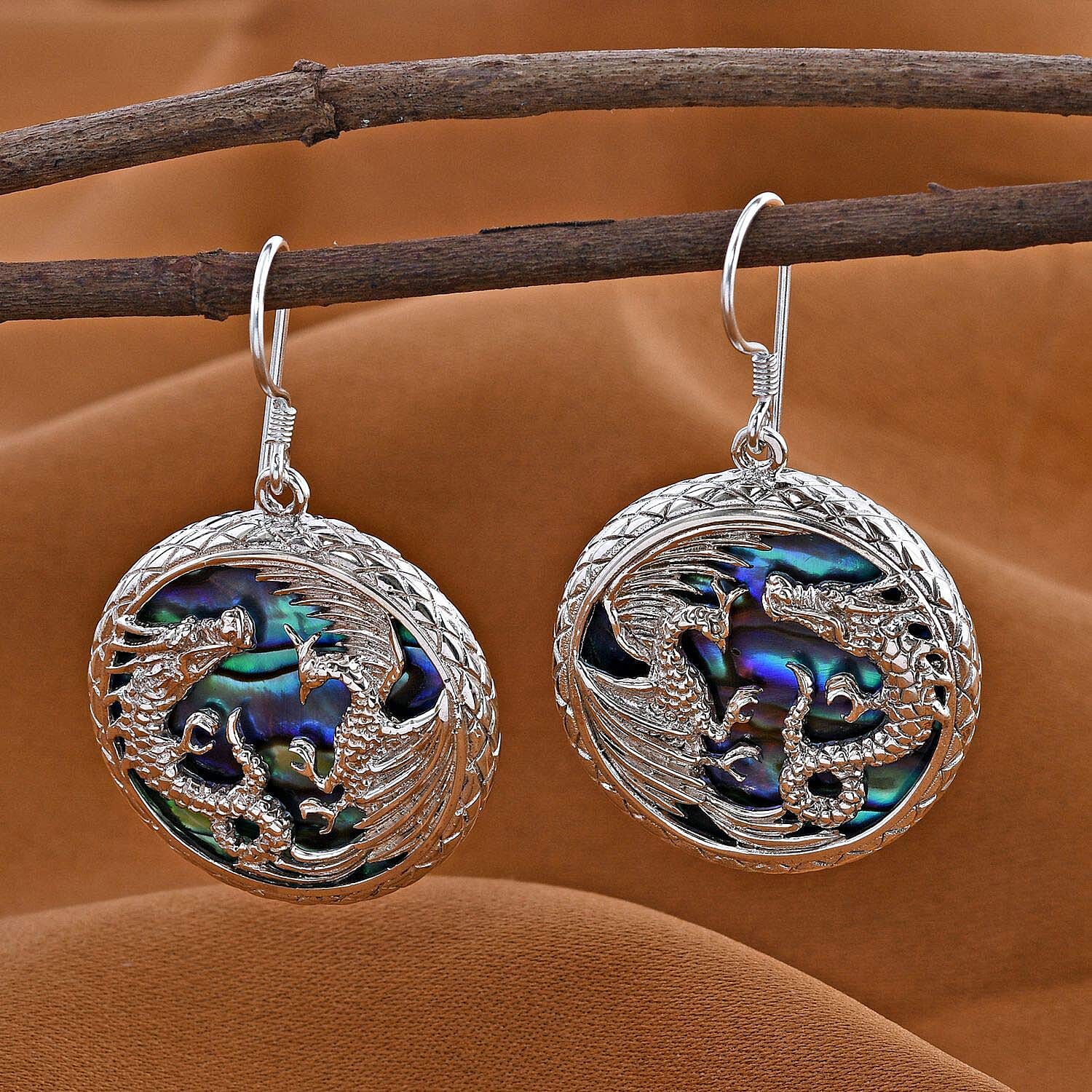 Abalone Shell Dragon with Phoenix Earrings in Sterling Silver
