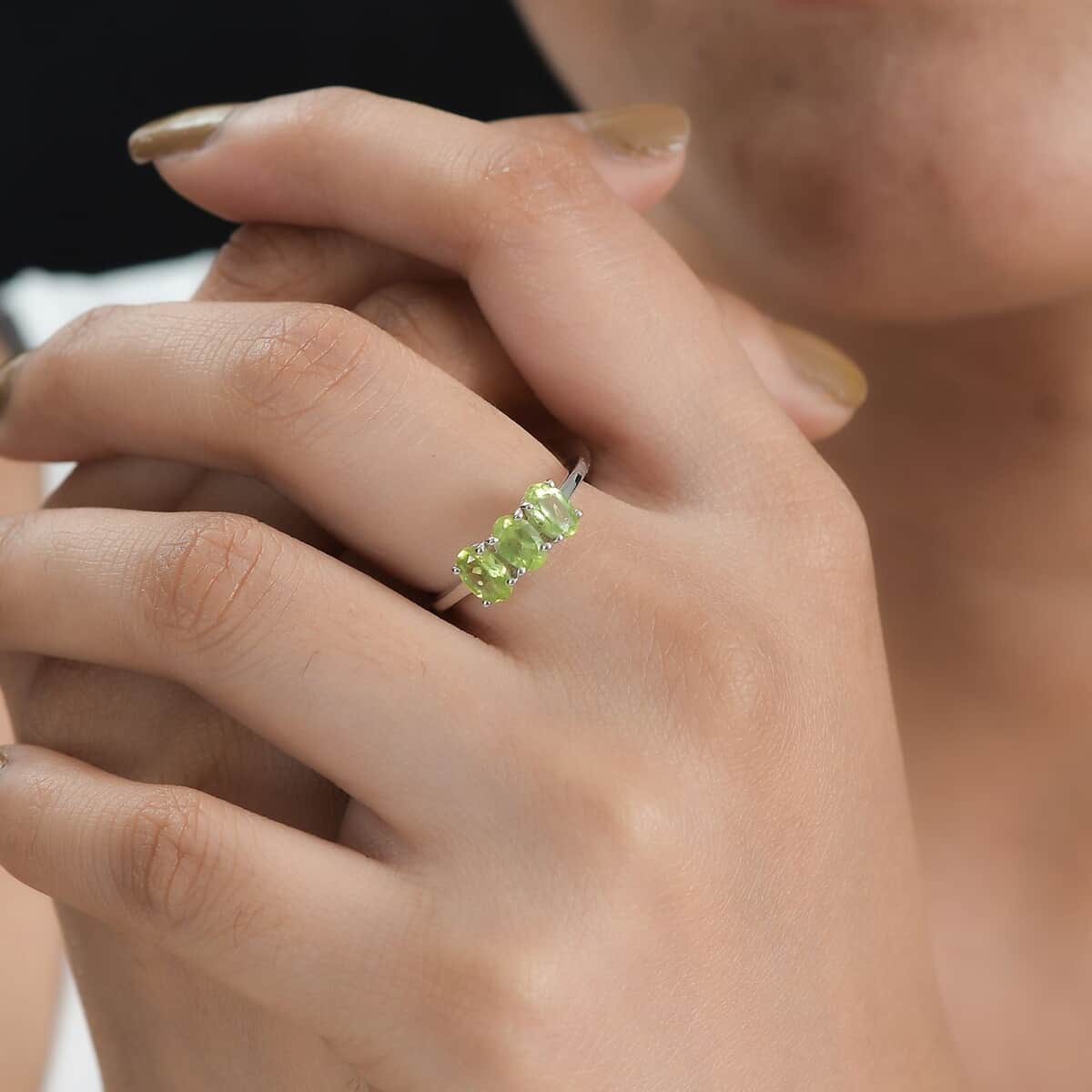 Peridot 3 Stone Ring in Platinum Over Sterling Silver (Size 6.0) 1.40 ctw image number 2