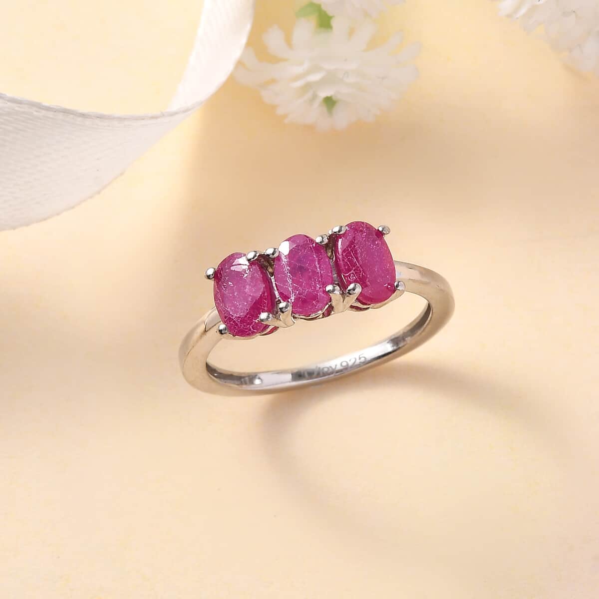 Niassa Ruby 3 Stone Ring in Platinum Over Sterling Silver (Size 5) 2.00 ctw image number 1